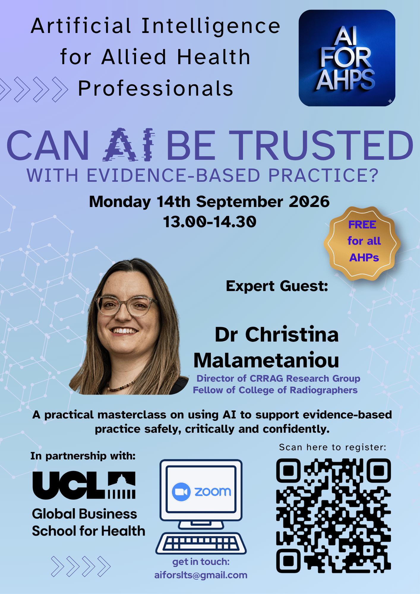 Flyer for Can AI be trusted with Evidence-Based Practice? with Dr Christina Malamateniou