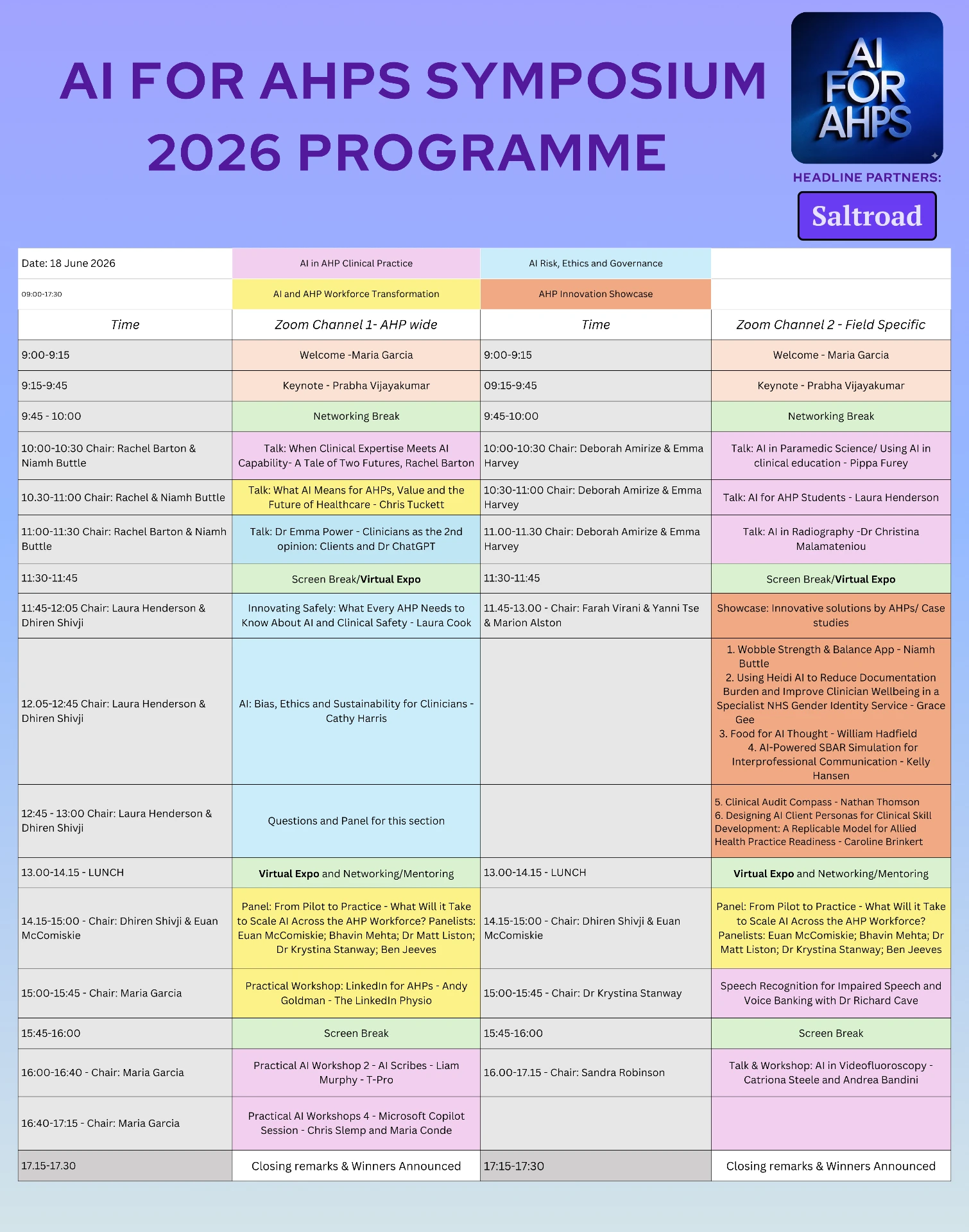 The full AI for AHPs Symposium 2026 programme, listing talks, speakers and tracks