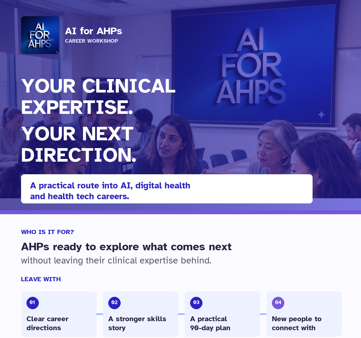 Poster for the AI for AHPs career workshop: your clinical expertise, your next direction